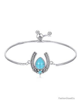 Genuine Green Turquoise Horseshoe Adjustable Bracelet 925 Sterling Silver